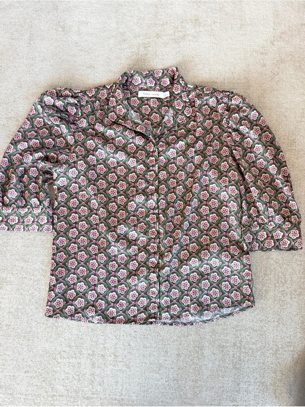 Bishop + Young Floral Button Down Blouse 3/4 Sleeve Large